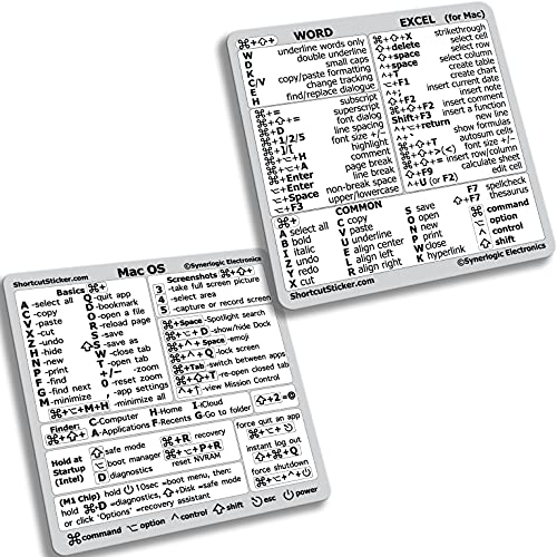 SYNERLOGIC (5 sets) Mac OS + Word/Excel (for Mac) Shortcuts Stickers Bundle | No-Residue Laminated Vinyl Cheatsheet MacBook Keyboard Stickers 83 x 83 mm (White, 5 sets)