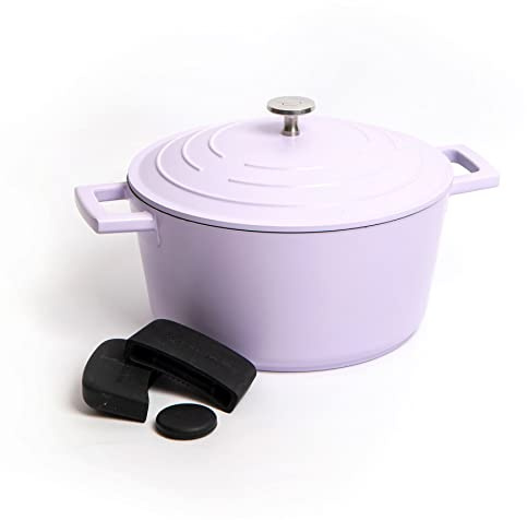 MasterClass Set of Gift-Boxed Cast Aluminium Lavender Casserole Dish, 24cm 4 Litre with Three Piece Silicone Handle Cover Set, Boxed
