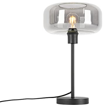 Qazqa - Art Deco Art-Deco-Tischlampe schwarz mit Rauchglas - Bizle I Wohnzimmer I Schlafzimmer - Rund - LED geeignet E27