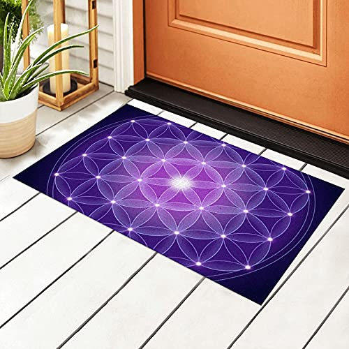 IUBBKI Fußmatte Dunkelblau Blume des Lebens Spirituell mit Sternen Heilige Geometrie Antik Dunkelblau Rosa Lila PVC Fußmatten Eingangsteppich 40 x 60 cm