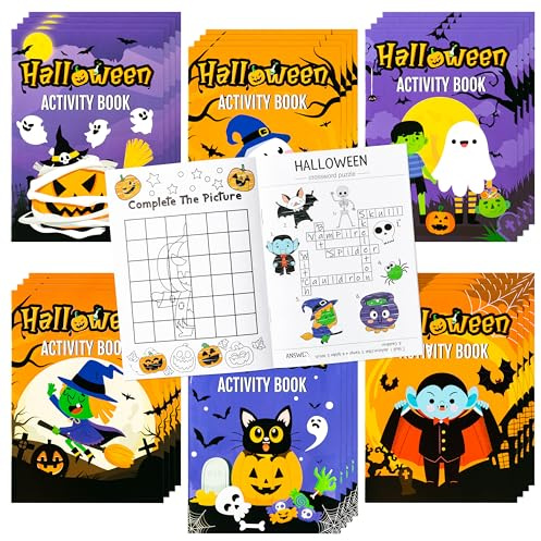 Dvbonike 24Pcs Halloween Coloring Book Mini Game Color-in Pages Activity Book Set with Maze Crossword Puzzle Games Theme Party Favors Holiday Event Gift School Classroom Recreation Supplies for Kids