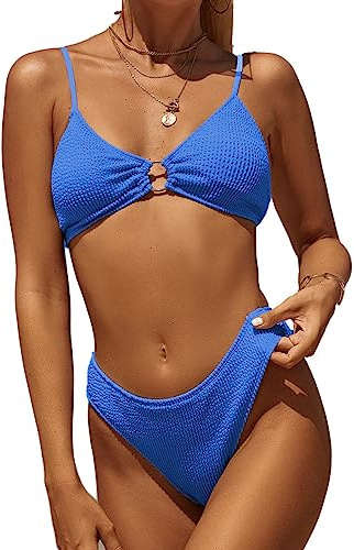 YIMISAN Damen Gerippte Bikini-Sets Zweiteiliger Badeanzug Mittlere Taille O Ring Vorne Verstellbare Spaghettiträger Badeanzug