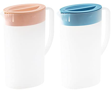 2X Plas-tic Water Jugs with Lid and Handle, 2L Juice Pitcher for Fridge, Hot/Cold Water Pitcher Drink Containers for Lemonade Beverage Milk Iced Tea, Water Carafe Jugs for Home Restaurants Picnic