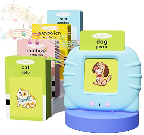 HOMESTEC Tarjetas Flash Parlantes, Juego Educativo Audibles para Regalo de Niños de 1 a 6 Años, 112 Hojas, 224 Palabras en Español, Juguete Montessori (Azul)