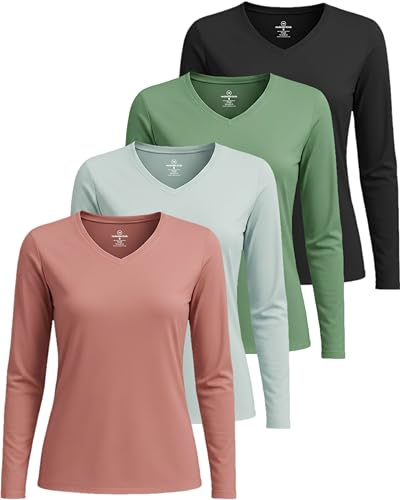 Real Essentials 4er-Pack: Damen-Langarmshirt, trockene Passform, V-Ausschnitt, athletisches T-Shirt, Workout-Top, Active-Gym Shirt (Plus)