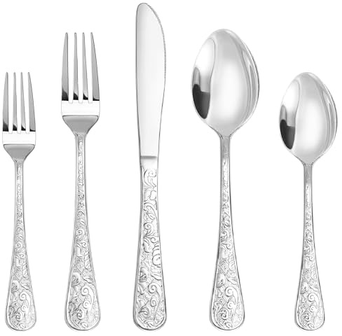 Runfly Vintage Carved Silver Stainless Steel 20-Piece Flatware Set