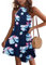 WNEEDU Robe d'éte Femmes Robes Plage Court Robe Col Licou sans Manches Décontracté avec Poches Fleur Rose Marine XXL