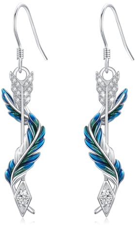 Pfeil Feder Ohrringe 925 Sterling Silber Blauer Feder Ohrhänger mit Zirkonia Federohrringe Pfeil Schmuck Geschenk für Damen Mädchen Kinder