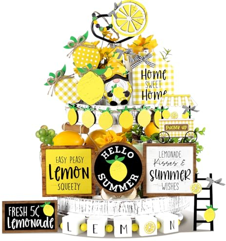 Bucherry Summer Lemon Tiered Tray Decor Sets Farmhouse Hello Summer Wood Sign Rustic lemon Home Decor Summer Table Decorations Small Hawaiian Wooden Plaque for Shelf Kitchen Tabletop