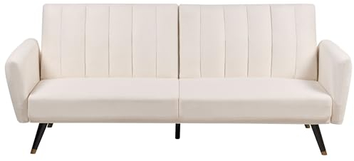 Beliani 3-Sitzer Schlafsofa Stoffbezug helles Beige gesteppt hohe Holzbeine Vimmerby