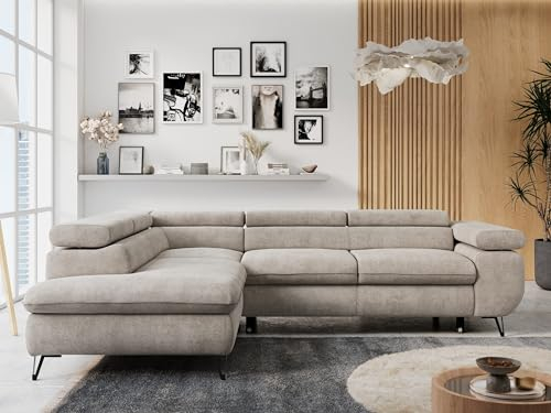 MKS MEBLE Ecksofa Sofa Beige, Wohnlandschaft L-Form mit Schlaffunktion und Bettkasten, Schlafsofa mit Bettkasten, Sofa mit Einstellbare Kopfstützen, Peter L - Beige Struktur - Links Beige