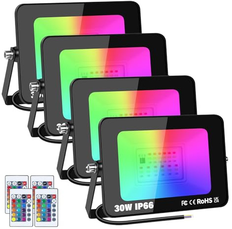 RIGIDON 4 Pack 30W LED Flood Light Outdoor, 16 Colour Changing IP66 Waterproof RGB Flood Lights with Remote Control for Garden, Yards, Stage, House Landscape Lighting