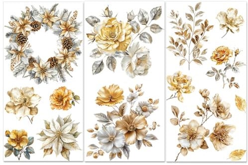 PLIGREAT 3 Blätter vergoldete Blumen reiben auf Transfers für Handwerk und Möbel Silber Weihnachtsstern Aufkleber für DIY Kleiderschrank Schublade Schrank Tür Dekoration alte Möbel Renovierung Dekor