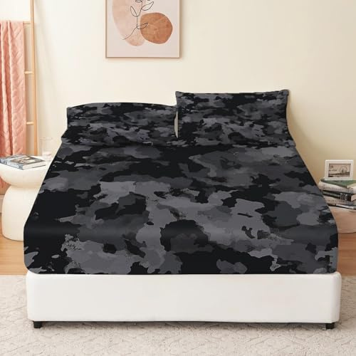 Weiches Atmungsaktives Spannbetttuch 90 x 200 cm Dunkelgraue Camouflage Bettlaken geeignet für Matratzen von 30cm Mikrofaser Boxspringbett Grau Bettwäsche Dekor Set