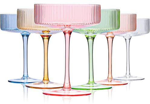 Farbige Coupé-Gläser, Vintage-Stil, Art-Deco, bunt, 266 ml, gerippte Martini-Cocktailgläser, farbiges Coupe, Cocktailgläser-Set für Espresso, Martini, Champagner, Cocktail, 6 Stück