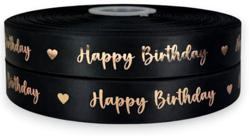 Black & Rose Gold Luxury Happy Birthday Satin Ribbon 2m x 25mm for Cakes Gift Wrap Wrapping Ribbon Party Decorations Crafts