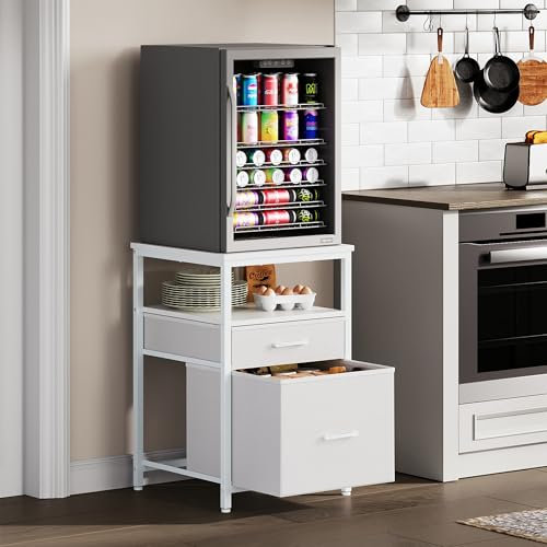 Herture HB03BXW Fridge Stand with 3 Storage, Mini Fridge Cabinet, Heavy Duty Table 18 L x 18 W, for Bedroom, Apartment, Office, Dorm