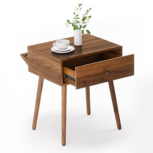 LUE BONA Bedside Tables with Hidden Storage, Walnut Wooden Nightstands with Drawer and Shelf, Mid-Century Modern End Tables for Bedroom and Living Room