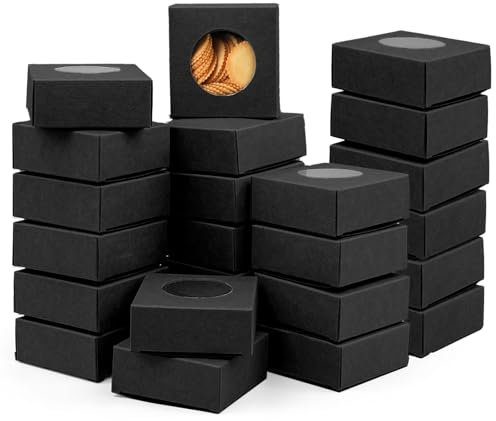 100 piccole scatole nere per biscotti con finestra, 7,5 x 7,5 x 3 cm, mini scatole per macaron, spesse e robuste, per pasticceria domestica, feste, matrimoni, Natale, pasticceria, picnic