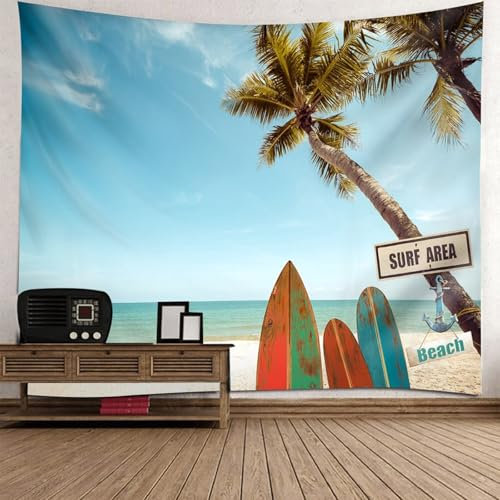 Aotiwe Tapestry Wall, Tapestry Paysage Marin Avec Planche de Surf et Palmier Bleu Vert Déco Murale Bohème 300x256cm