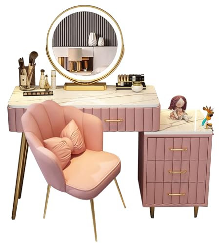 Guyifuny Schminktisch mit 5 Schubladen aus Massivholz, Frisiertisch mit Spiegel und Stuhl mit Rückenlehne, Frisiertisch-Set für Schlafzimmer, modern, groß, 80 cm, Pink