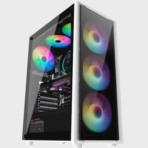 PC Gaming Case ATX, Mid Tower Case With 6x 120mm ARGB Fans, MB Sync, Tempered Glass Panels (White & Black)