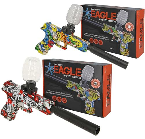 Set of 2x Water Bullet Gel Blaster Toy Guns, Fully Automatic 18-20m Range, Electric Rapid Fire USB Rechargeable, Eco-Friendly Water Based Ammo + 10,000 Rounds Black Urban & Yellow Graffiti