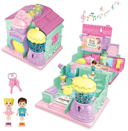 deAO Mini Dollhouse, Portátil Casa de Muñecas con Cerradura, Dollhouse Tienda de Dulces Miniatura DIY Modelo Kit Muñeca Niña 3 4 5 Años, Casita de Muñecas Amantes, Regalo de Cumpleaños
