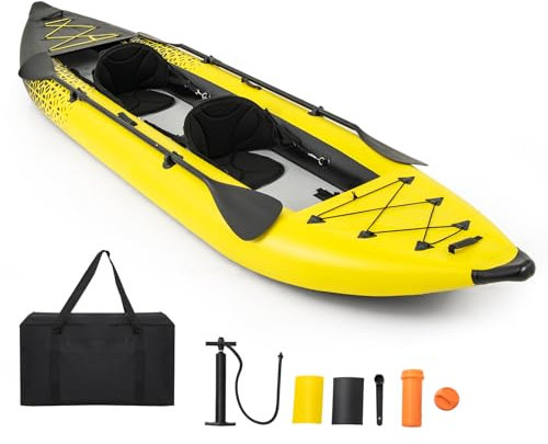 COSTWAY Kajak aufblasbar 2 Personen, aufblasbares Kanu mit Aluminiumrudern, gepolstertem Eva-Sitz, Handpumpe und Reparaturset, Schlauchboot mit Tragetasche, 230 kg Gewichtskapazität (Gelb)