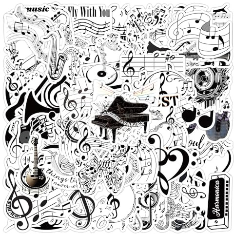 50 Stück Musik Aufkleber Dekoration Laptop Gitarre Motorrad Skateboard Wasserflasche Gepäck Phone Scrapbook,Musiknoten Instrumente Wasserdicht Stickers für Musik Klassenzimmer Erwachsene Jugendliche