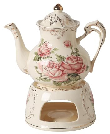 OptmAVth Vintage Ceramic Tea Pot, Heatable with Warmer, Decor for Party, Camping or Wedding, 25 oz/ 2 Cup, White with Pink Roses & Gold Trim