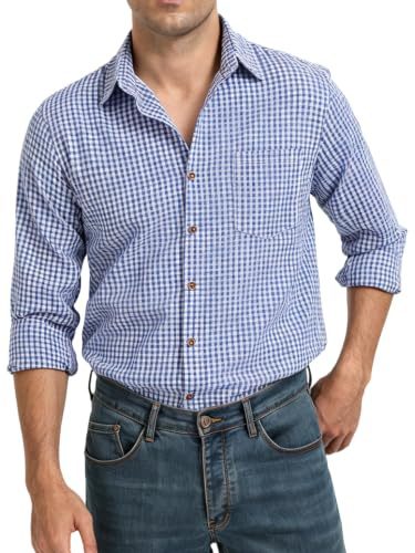 Yukiuiny Men's Cotton Plaid Shirts Long Sleeve Checkered Tops