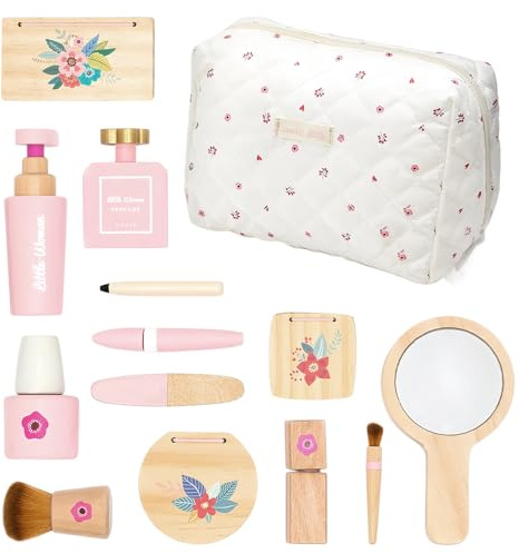 DAJASD Faux Maquillage Enfant Fille en Bois, Jouets de Maquillage en Bois, Faire Semblant de Jouer Ensemble Beauté de Maquillage avec Trousse Maquillage pour Maquillage Cadeau Fille 3 4 5 6 Ans