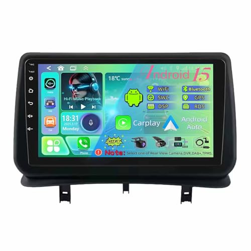 9 Pulgadas Pantalla Táctil Android 15 Radio 2 DIN para Renault Clio 3 2005-2014 con Carplay GPS Navigation Bluetooth Controles del Volante Cámara de Respaldo(T400 [6+128G])
