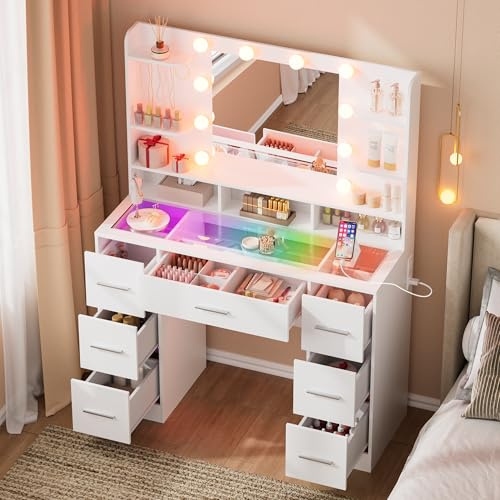 SOLCRESTIA Schminktisch mit LED-Beleuchtung & großem Spiegel – Kosmetik- & Frisiertisch, dimmbar, USB-Ladestation, verstellbare Ablagen, große Schublade, für Schlafzimmer
