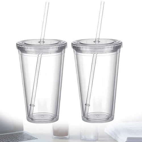 2 pcs Tasse en plastique réutilisable, 450ml Gobelet en plastique rigide avec couvercle et paille, à double paroi et transparents, parfaits pour les jus de fruits, smoothies, le café et le café glacé