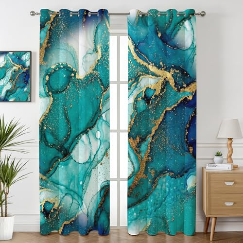 Havenix Marmor Optik Türkis Gold Vorhänge Blickdicht Wohnzimmer Abstrakt Petrol Grün Modern Vorhang mit ösen Gardinen 245 cm Hoch 2er Set Verdunklungsvorhänge für Schlafzimmer Fenster