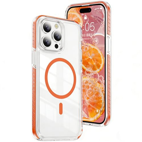 QIWEIQING Custodia Trasparente per iPhone 16 Pro Max, Compatibile con MagSafe Magnetica Sottile Anticaduta Anti-ingiallimento Protezione Militare Cover per iPhone 16 Pro Max 6.9. Arancione CT | Custodia trasparente anti-ingiallimento trasparente, sottile, militare, antiurto, protettiva per iPhone 16 Pro Max