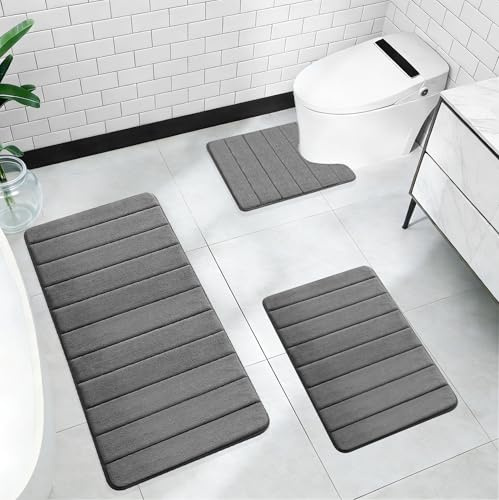 Badematte 3er Set, Memory Foam Badezimmer Badeteppiche, Weiche Mikrofaser Badezimmerteppich und U Förmige wc Vorleger, Badteppich rutschfest Waschbar Badvorleger Set für Dusche WC Badewanne Dunkelgrau