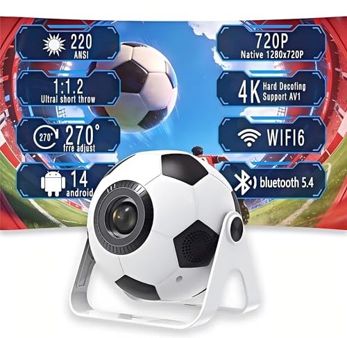 Mini-projecteur de Football 2026, Compatible 4K/1080p, 220 ANSI, avec Correction Automatique de la Distorsion trapézoïdale Verticale, Rotation à 270°, Wi-FI 6 Double Bande et Bluetooth 5.4