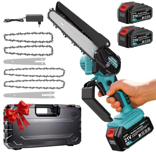 Cexovil Mini Motosierra a Batería, 8000 mAh, 6 y 8 Pulgadas, Brushless | Motor 800 W, 2 baterías de 4000 mAh, 4 cadenas, autonomía de 45 a 60 min, lubricación por presión, compatible con Makita