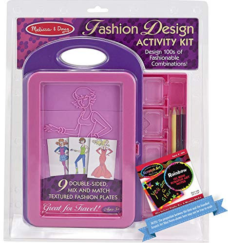 Fashion Design Activity Kit w/ 9 Double Sided Textured Fashion Plates + FREE Melissa & Doug Scratch Art Mini-Pad Bundle [43120]