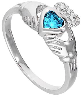 jewellerybox Sterlingsilber & Aquamarin CZ Kristall März Geburtsstein Claddagh Ring Größe 59 (Erhältlich 48-63)