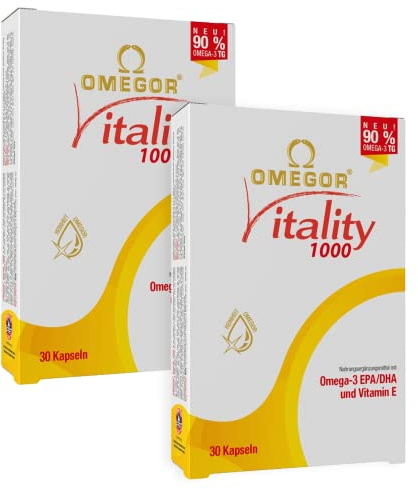 Omegor Vitality 1000 – Nahrungsergänzungsmittel mit 90% Omega 3 in Triglyceridform – Vitamin E – Für ein gesundes Herz, Sehvermögen und Gehirn – IFOS-zertifiziert – Ohne Nachgeschmack – 2 x 30 Kp
