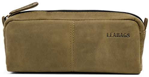 LEABAGS Leder Federmäppchen I Große Echtleder Federmappe I Federtasche für Beruf Uni Schule I Schlampermäppchen I Stiftetui I Stiftmappe I Ledermäppchen I Nature Grün