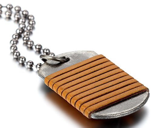 JewelryWe Herren Halskette Gotik Lederseil Dog Tag Erkennungsmarke Hundemarke Anhänger mit Kugel Kette Kaffee Silber