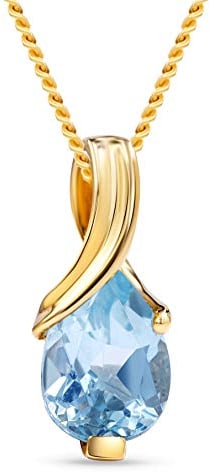 MIORE – Gold Kette Damen mit 0.8 Ct Topas in Tropfen-Form – filigrane Halskette aus 9 Karat Gelbgold (375) mit blauem Edelstein Anhänger – Goldkette mit Schmuckbox zum Verschenken (45 cm)
