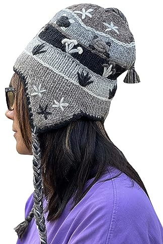 KayJayStyles Nepal handgestrickte Beanie Skull Ski Wolle Fleece Mütze - Grau - Einheitsgröße