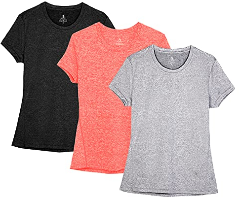 icyZone® Damen Sport T-Shirt Running Fitness Shirts Sportbekleidung Kurzarm Oberteile Shortsleeve Top M Black/Granite/Orange