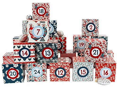 DIY Adventskalender Kisten Set - Motiv Hygge - 24 bunte Schachteln zum Aufstellen und zum Befüllen - 24 Boxen - von Papierdrachen